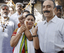 Shweta Bhatt, wife of suspended IPS officer Sanjiv Bhatt (R), after filing her nomination papers as a Congress candidate from Maninagar Assembly seat, in Ahmedabad on Friday. PTI Photo