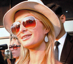American socialite and hotel heiress, Paris Hilton on her arrival in Goa on Wednesday for India Resort Fashion Week 2012. PTI