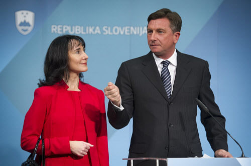 Former slovenian prime minister and presidential candidate Borut Pahor (R) gives a press conference with his partner Tanja Pecar on December 2, 2012 in Ljublijana. AFP