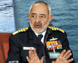 Navy Chief Admiral DK Joshi addresses a press conference in New Delhi on Monday. PTI