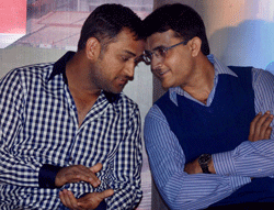 Sourav Ganguly and MS Dhoni at a book release function in Kolkata on Monday. PTI