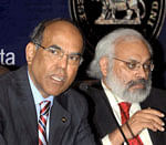 Governor of Reserve Bank of India D Subbarao with Deputy Governor Subir Gokarn (R) addresses the media after the bank's Central Board Meeting in Kolkata on Thursday. PTI