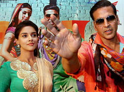 Bollywood actors Akshay Kumar and Asin at a promotional event of their film 'Khiladi 786' in Gurgaon on Sunday. PTI