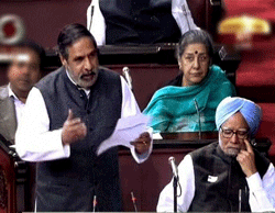 Commerce and Industry Minister Anand Sharma speaks during the debate on FDI in Rajya Sabha in New Delhi on Friday. Prime Minister Manmohan Singh is also seen. PTI