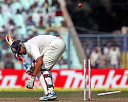 India's Yuvraj Singh is dismissed during Day 4 of the 3rd Test Match against England at Eden Garden in Kolkata on Saturday. PTI