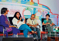 ensemble: Writers K R Usha, Anita Nair, Biman Nath, Kaveri Nambisan and Manju Kapur at a session at the Bangalore  Literature Festival in Bangalore on Saturday. DH Photo