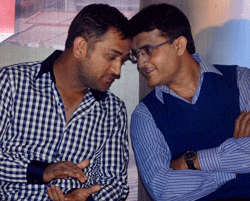 Sourav Ganguly and MS Dhoni at a book release function in Kolkata on Monday. PTI Photo