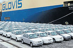 Hyundai cars manufactured in India are parked at the Hambantota port in Sri Lanka. AFP file