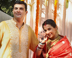 Bollywood actress Vidya Balan with CEO of UTV Motion Pictures Siddharth Roy Kapur at the Sangeet ceremony, ahead of their wedding in Mumbai on Wednesday. PTI