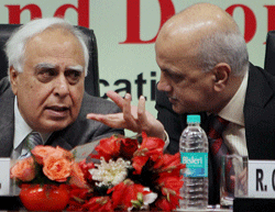 Union Communications and IT Minister Kapil Sibal with Telecom Secretary R Chandrashekhar. PTI File Photo