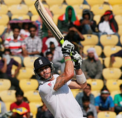 Kevin Pietersen plays a shot on the first day of fourth cricket test match between England and India in Nagpur on Thursday. PTI Phot