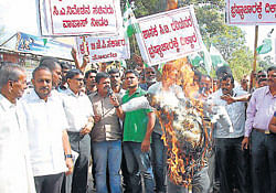 Alleging that Minister for Higher Education has misused his power, JD(S) workers burnt his effigy, at Chikmagalur on Friday. DH photo