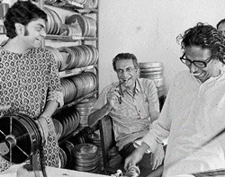 Satyajit Ray (centre) in his editing room, shot by Pablow Bartholomew in 1978, is on display at Calcutta Diaries.
