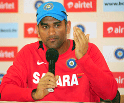Indian Cricket team captain M S Dhoni addressing a press meet ahead of India Vs Pakistan T20 cricket match at M Chinnaswamy Stadium in Bangalore on Monday. DH Photo