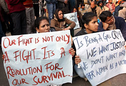 Young girls displaying placards during a protest against the recent gang-rape incident at Jantar Mantar in New Delhi on Monday. PTI