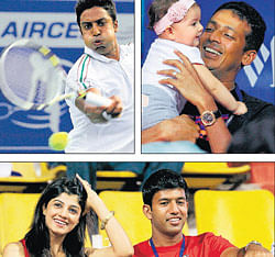 Chennai vignettes:  (Clockwise, from  top left): Prakash Amritraj in action during his first round match against Guillaume Rufin of France. Doubles ace Mahesh Bhupathi with his daughter. Rohan Bopanna enjoys the proceedings on court with wife Supriya Annaiah. pti/ ap.
