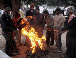 People warm themselves around a fire during a cold day in Gurgaon on Friday. PTI