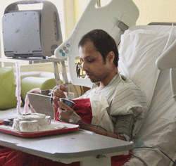 Software engineer Himanshu who became Indias first recipient of a successful intestinal transplant at Medanta hospital after his operation, at the hospital in Gurgaon on Friday. PTI Photo
