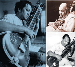 Strings (Clockwise) Ustad  Vilayat Khan, Pandit Ravi Shankar, Ustad Ali Akbar Khan