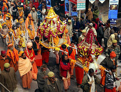 Naga Sadhus during a religious procession Peshwai going towards Sangam in Allahabad on Sunday. PTI Photo