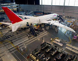 April 27, 2012 file photo shows one of the Air India 787 Dreamliners on the production floor at Boeing's new production facilities in North Charleston, South Carolina. The Federal Aviation Administration grounded all US-registered Boeing 787 Dreamliner aircraft January 16, 2013 to conduct a safety review. 'Before further flight, operators of US-registered, Boeing 787 aircraft must demonstrate to the Federal Aviation Administration that the batteries are safe,' the regulator said in a statement. AFP PHOTO