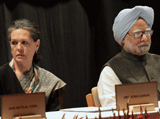 Prime Minister Manmohan Singh and Congress President Sonia Gandhi at the party's three-day Chintan Shivir (brainstorming camp) in Jaipur on Friday. PTI Photo