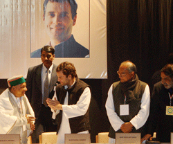 Defence Minister A K Antony, Congress General Secretary Rahul Gandhi and party leaders Digvijay Singh and Anand Sharma at the inaugural session of the party's three-day Chintan Shivir (brainstorming camp) in Jaipur on Friday. PTI Photo