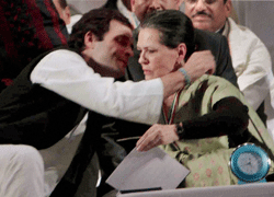 Congress Vice President Rahul Gandhi hugs his mother and Party President Sonia Gandhi before his speech at All India Congress Committee (AICC) session in Jaipur on Sunday. PTI