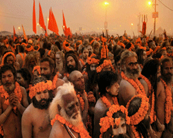 Naga sadhus take part in a religious procession to take royal dip in Ganga at Maha Kumbh in Allahabad on Monday. PTI Photo