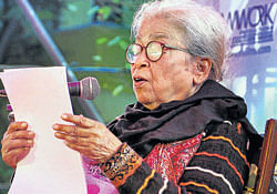 Author Mahasweta Devi at a session of the literature festival in Jaipur on Thursday. PTI