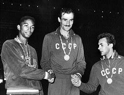 height of success John Thomas (left) won the bronze at the 1960 Olympics behind his Soviet rivals Robert Shavlakadze (centre) and Valery Brumel.