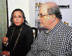 Director of Midnights Children Deepa Mehta with the author, Salman Rushdie, in the City on Friday. DH photo