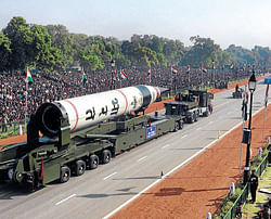 Missile Agni V is displayed during the Republic Day parade in New Delhi on  Saturday. AFP
