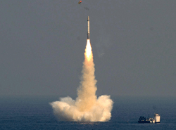 India's missile, BO5 being launched from an approximate depth of about 50 metres, from India's indigenously made nuclear-powered submarine bINS Arihant, at Bay of Bengal on Sunday. PTI