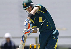 Australia's Glenn Maxwell plays a shot against West Indies during their one day international cricket match in Perth, Australia, Friday, Feb. 1, 2013. Maxwell top scored with not out on 51. (AP Photo/Theron Kirkman)