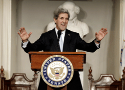 U.S. Sen. John Kerry acknowledges applause while addressing constituents at Faneuil Hall in Boston Thursday, Jan. 31, 2013. Kerry will step down tomorrow from the office he has held for nearly three decades to become the next secretary of state. AP Photo