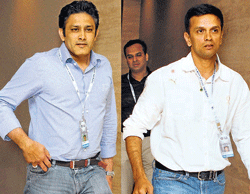 Anil Kumble and Rahul Dravid arrive for IPL auction at Chennai on Sunday. PTI photo