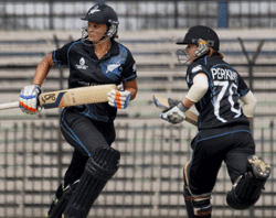 New Zealand's skipper Suzannah Wilson Bates takes a run with Katie Teresa Perkins during their ICC Women's World Cup match against Pakistan in Cuttack on Sunday. PTI Photo