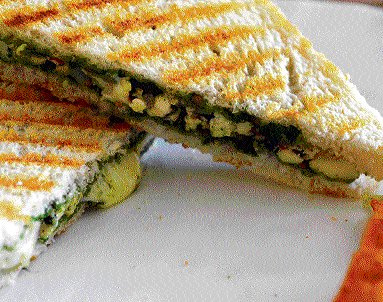 Experimental: Paneer sandwich with coriander pesto.