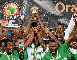 On&#8200;CLOUD&#8200;NINE: Nigerian players celebrate their triumph in the African Nations Cup on&#8200;Sunday. AFP