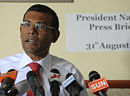 In this photograph taken on August 31, 2012, former Maldivian president Mohamed Nasheed addresses journalists in Male. Former Maldivian president Mohamed Nasheed said on February 13, 2013, he had taken refuge inside the Indian High Commission in his country's capital after a magistrate ordered his arrest. The decision comes amid more political turbulence in the Indian Ocean holiday destination almost exactly a year since Nasheed, a former pro-democracy campaigner, was ousted by violent demonstrations and a mutiny by security forces. AFP PHOTO