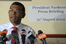 In this photograph taken on August 31, 2012, former Maldivian president Mohamed Nasheed addresses journalists in Male. Former Maldivian president Mohamed Nasheed said on February 13, 2013, he had taken refuge inside the Indian High Commission in his country's capital after a magistrate ordered his arrest. The decision comes amid more political turbulence in the Indian Ocean holiday destination almost exactly a year since Nasheed, a former pro-democracy campaigner, was ousted by violent demonstrations and a mutiny by security forces. AFP PHOTO/