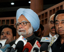 New Delhi : Prime Minister Manmohan Singh with Union Parliamentary Affairs Minister Kamal Nath and MoS Rajiv Shukla addressing media after attending an all-party meeting, convened by the Speaker Meira Kumar, ahead of the Budget session of Parliament in New Delhi on Wednesday.PTI Photo