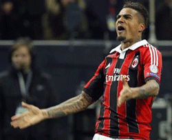AC Milan's Kevin-Prince Boateng reacts after scoring against Barcelona during their Champions League soccer match at the San Siro stadium in Milan February 20, 2013.  Credit: Reuters
