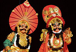 Drama mode: Actors performing Yakshagana, a form of folk theatre.