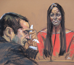 Former New York City police officer Gilberto Valle (L), dubbed by local media as the 'Cannibal Cop', listens as his wife Kathleen Mangan testifies in this courtroom sketch on the first day of his trial in New York February 25, 2013. Valle and New Jersey mechanic Michael Van Hise are accused of plotting last year to kidnap, cook and eat a Manhattan woman. REUTERS