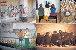 (Clockwise from top left) An outdoor painting at Aspinwall House; visitors watching a video at Pepper House; an outdoor installation at Calvathy Jetty; detail of a photograph by Vivek Vilasini; detail of a painting by K P Reji. PHOTOS BY AUTHOR