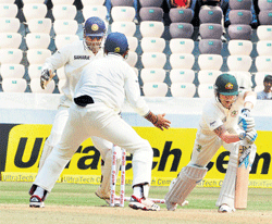 Australian skipper Michael Clarke is clean bowled by Indias Ravindra Jadeja at Hyderabad on Tuesday.  PTI