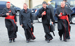 (From left) Cardinals Miloslav Vlk of the Czech Republic, Walter Kasper of Germany, Giuseppe Betori of Italy and Dominik Duka also of the Czech Republic, arrive for a cardinals meeting, at the Vatican on Wednesday. AP