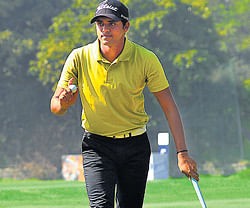 Khalin Joshi gestures during the second round of the SAIL Open golf tournament on Thursday.